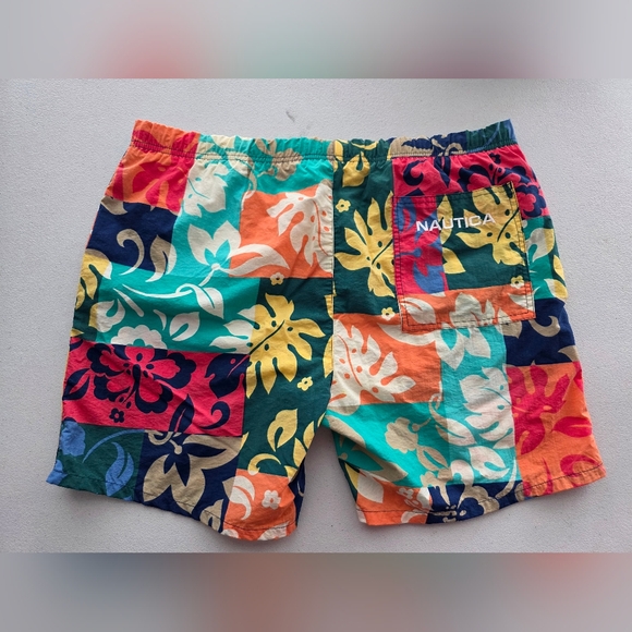 Vibrant Retro Y2K Tropical Patchwork Floral Swim Trunks - Dopamine Dressing - Picture 4 of 13